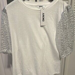 DKNY White Graphic Embellished Short Sleeve Tee